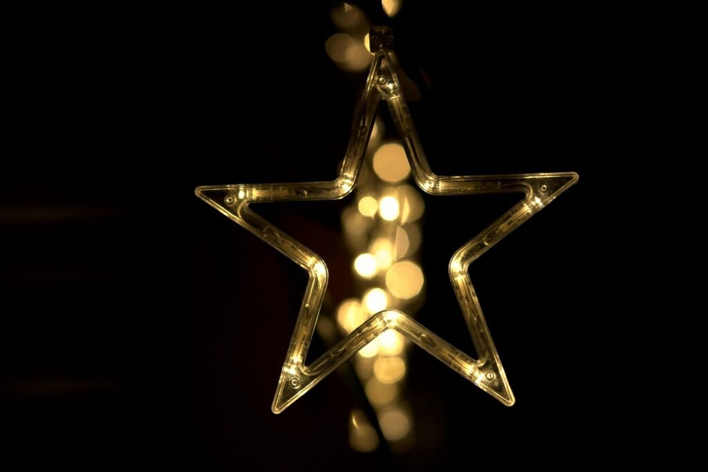 Close-up of a glowing star-shaped decoration with lights on a dark backdrop.